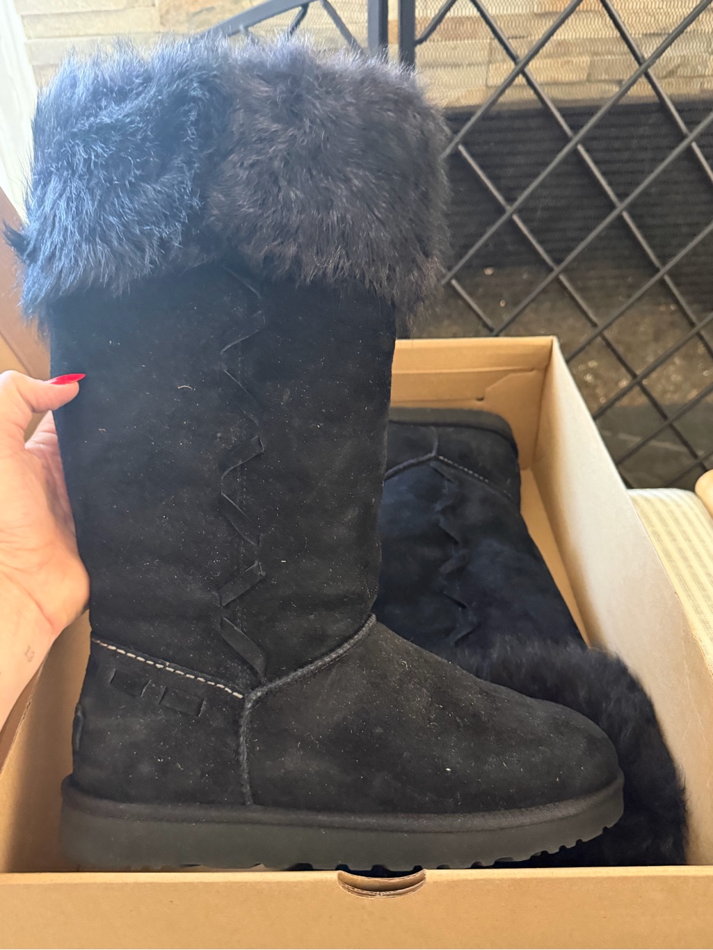 Ugg Black Suede Faux-Fur Cuff Women's Winter Boots